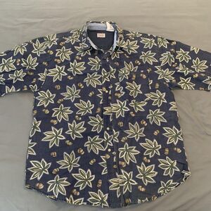 Vintage Bugle Boy Shirt Mens Extra Large Blue Hawaiian Button Up Leaf Floral 90s